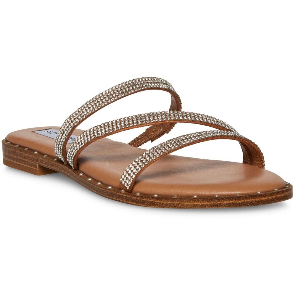 ❤️5/$25 Steve Madden Loomi Strappy Rhinestone Faux Leather Slide Sandals Brown 8
